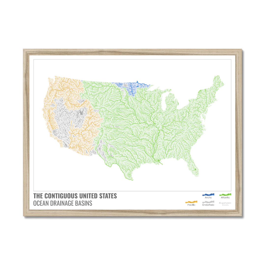 The United States - Ocean drainage basin map, white with legend v1 - Framed Print