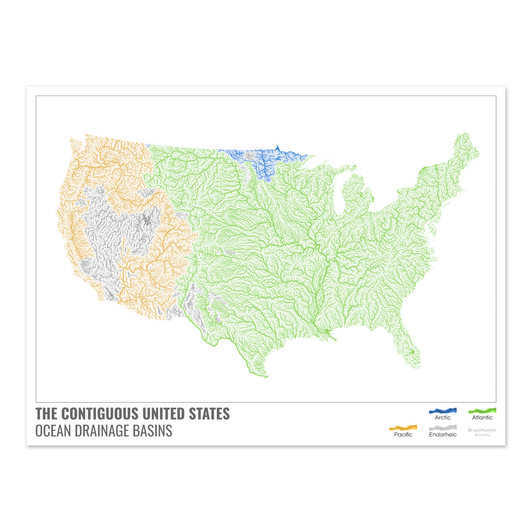 Estados Unidos - Mapa de la cuenca hidrográfica del océano, blanco con leyenda v1 - Impresión fotográfica