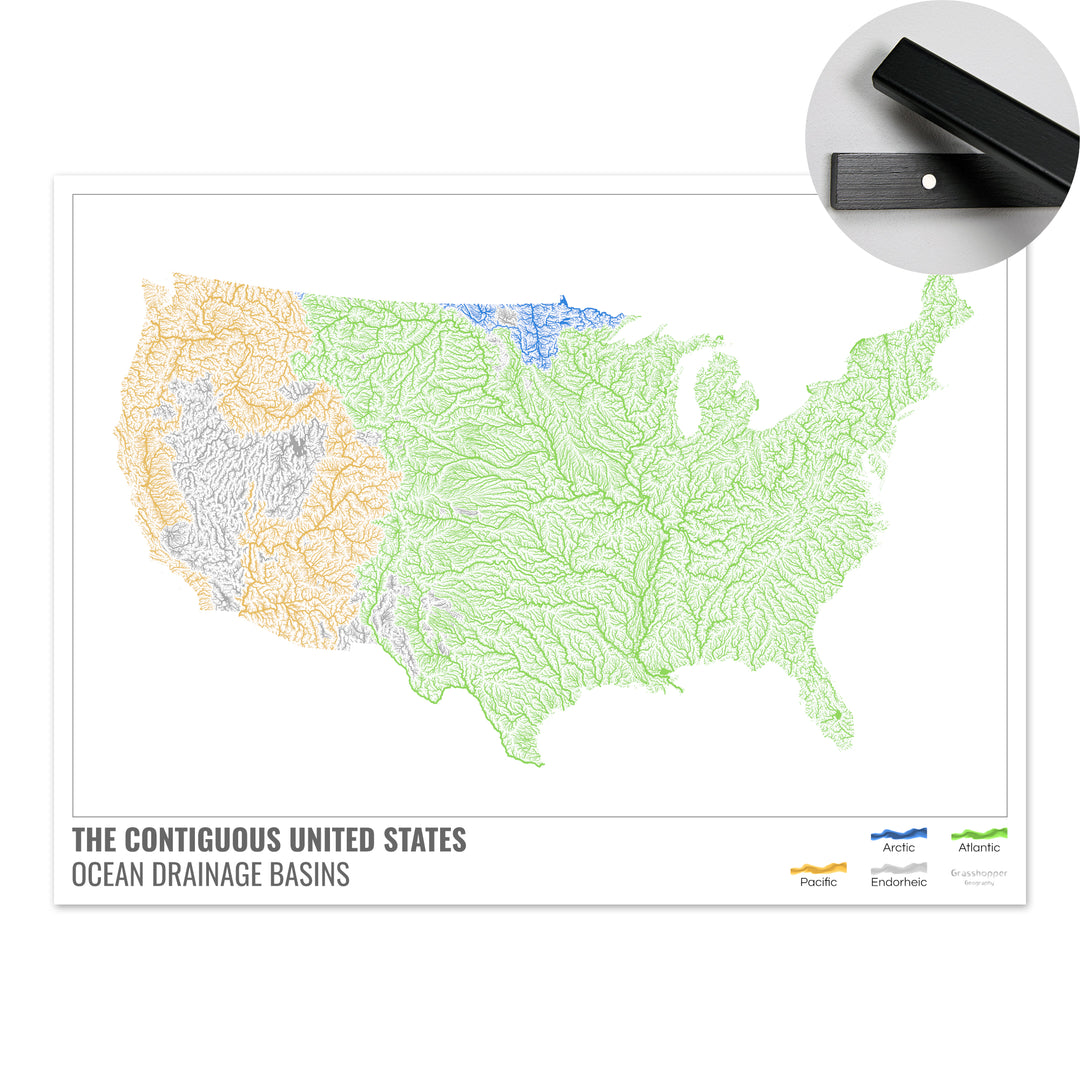 Estados Unidos - Mapa de la cuenca hidrográfica del océano, blanco con leyenda v1 - Impresión artística con colgador