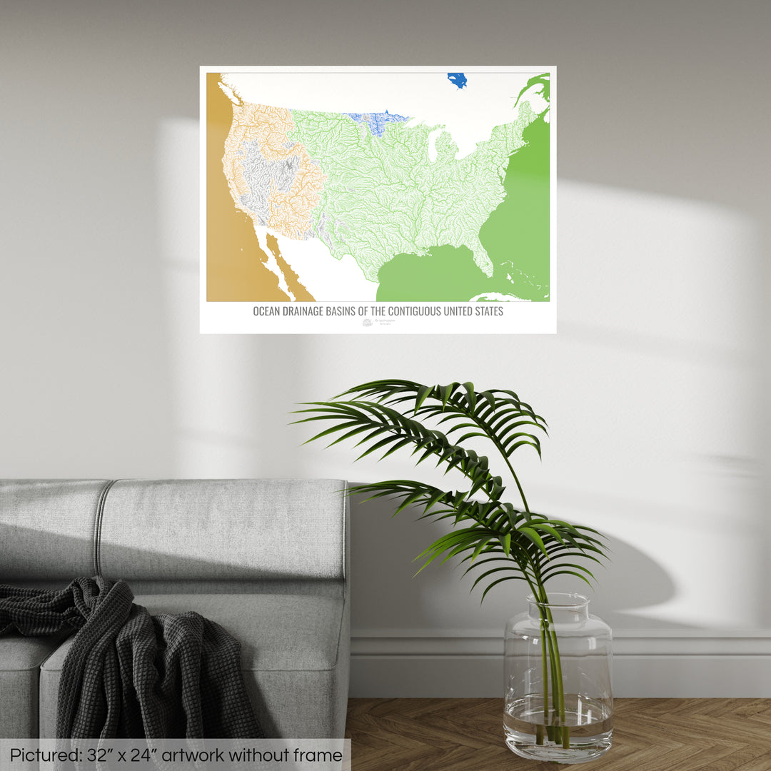 The United States - Ocean drainage basin map, white v2 - Fine Art Print