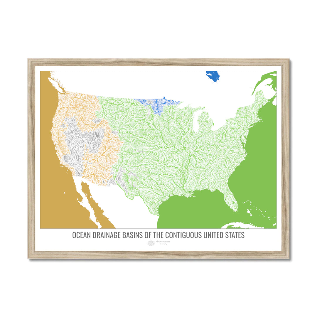 The United States - Ocean drainage basin map, white v2 - Framed Print