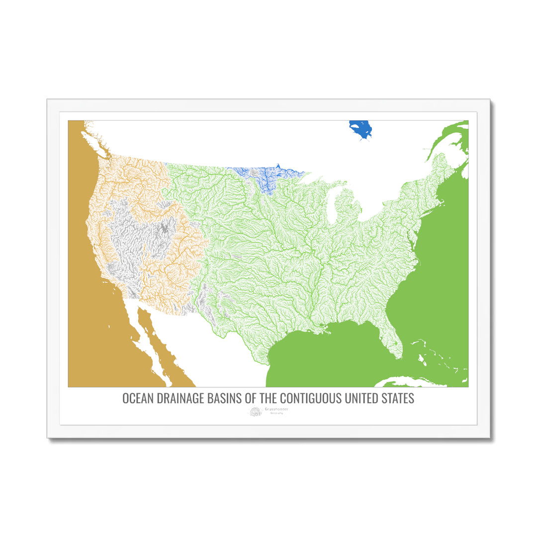 The United States - Ocean drainage basin map, white v2 - Framed Print