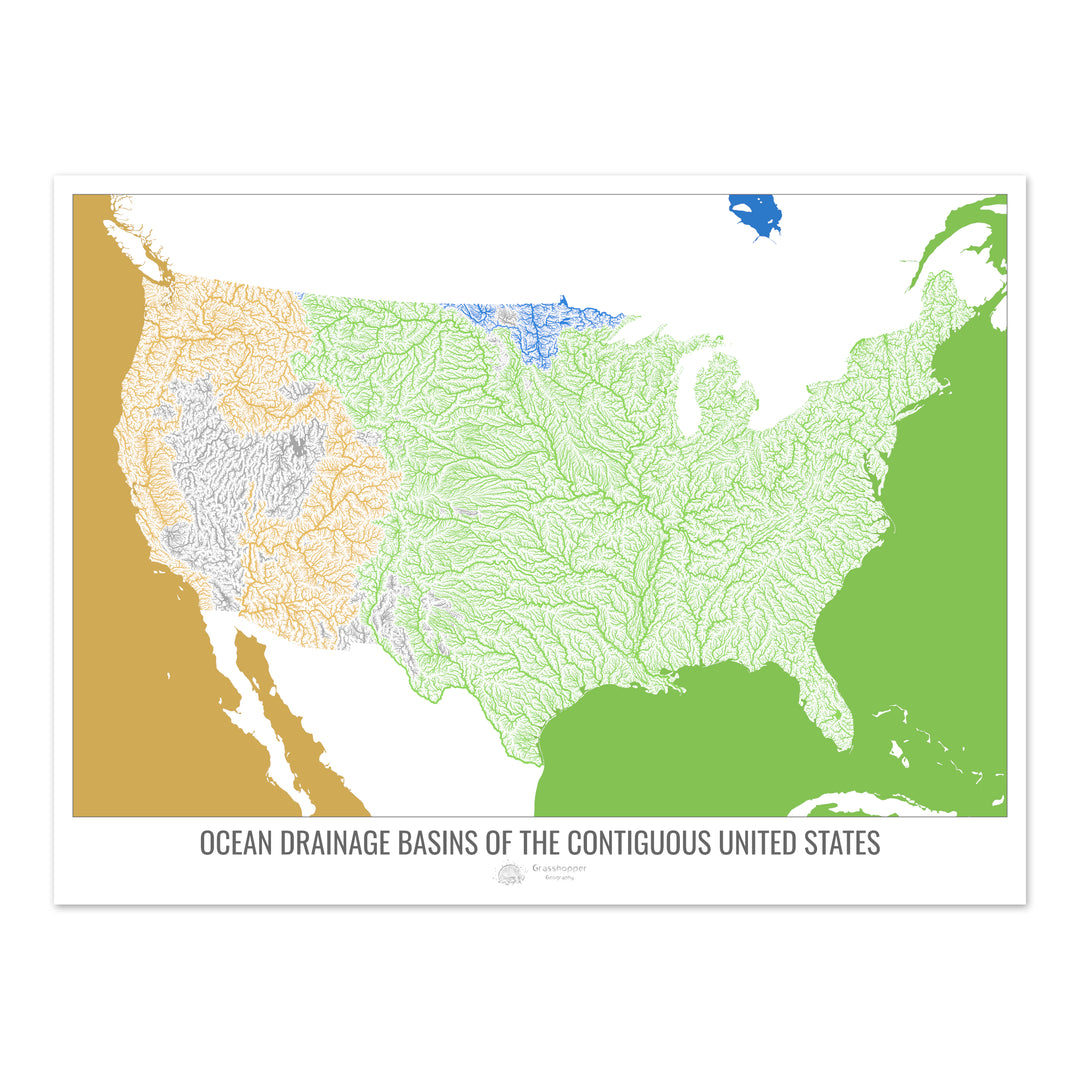 The United States - Ocean drainage basin map, white v2 - Fine Art Print