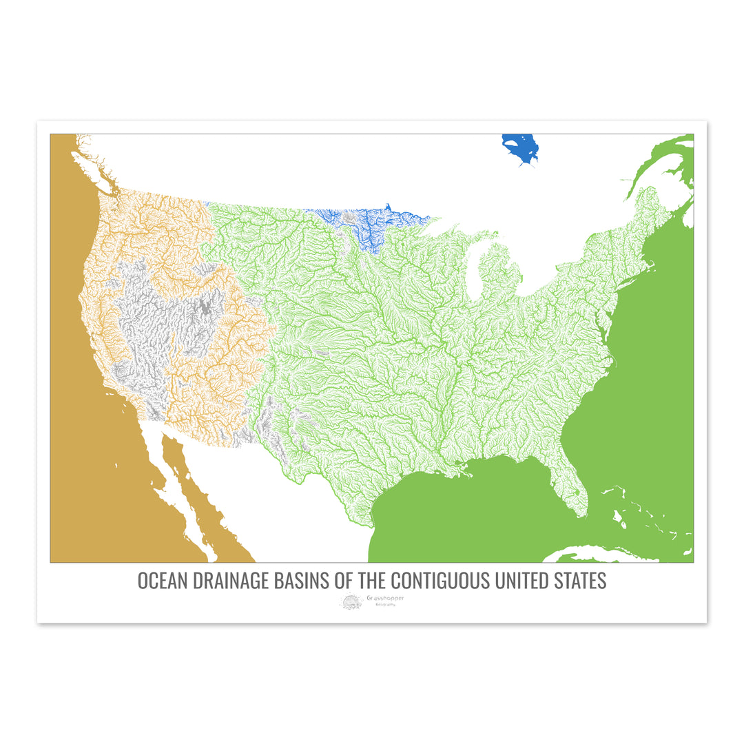 アメリカ合衆国 - 海洋排水流域地図、白 v2 - 写真アートプリント