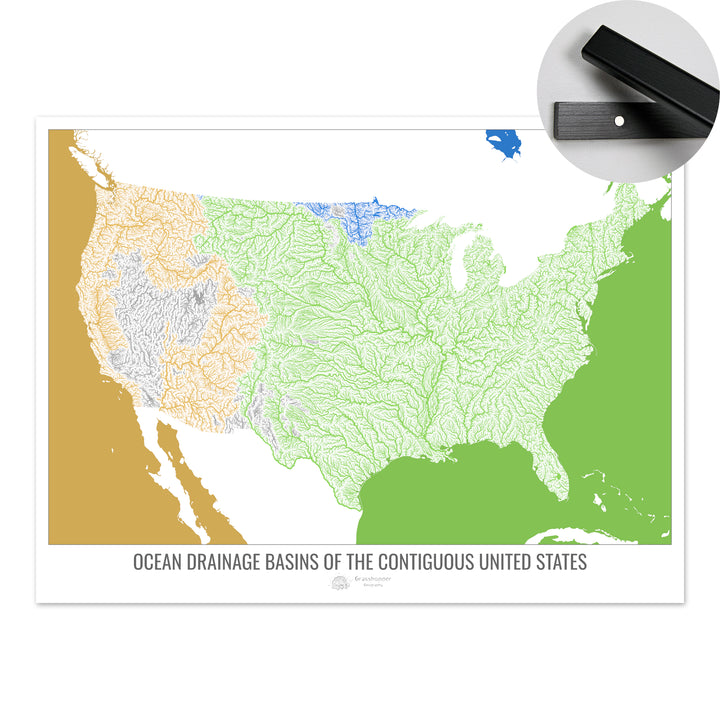 Estados Unidos - Mapa de la cuenca hidrográfica del océano, blanco v2 - Impresión artística con colgador
