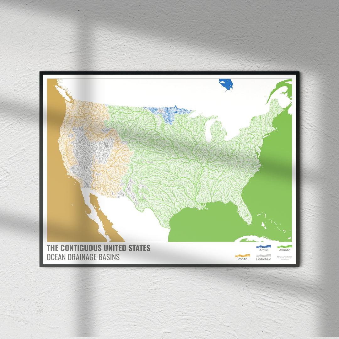 The United States - Ocean drainage basin map, white with legend v2 - Fine Art Print
