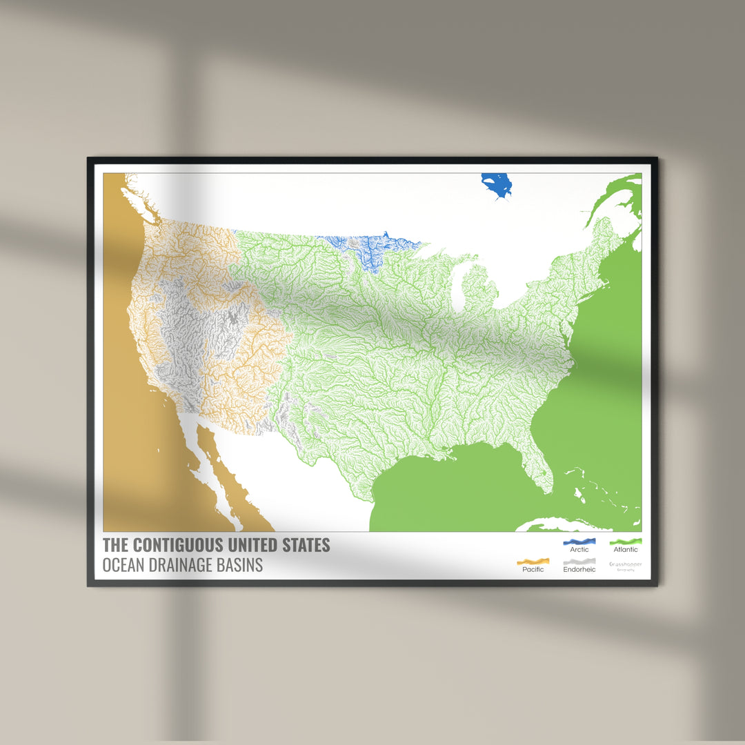 The United States - Ocean drainage basin map, white with legend v2 - Photo Art Print