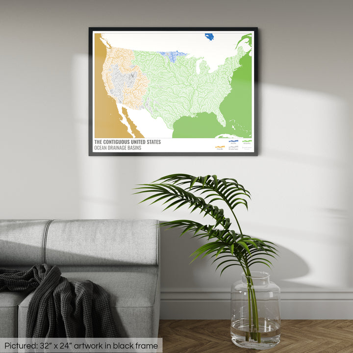 The United States - Ocean drainage basin map, white with legend v2 - Framed Print