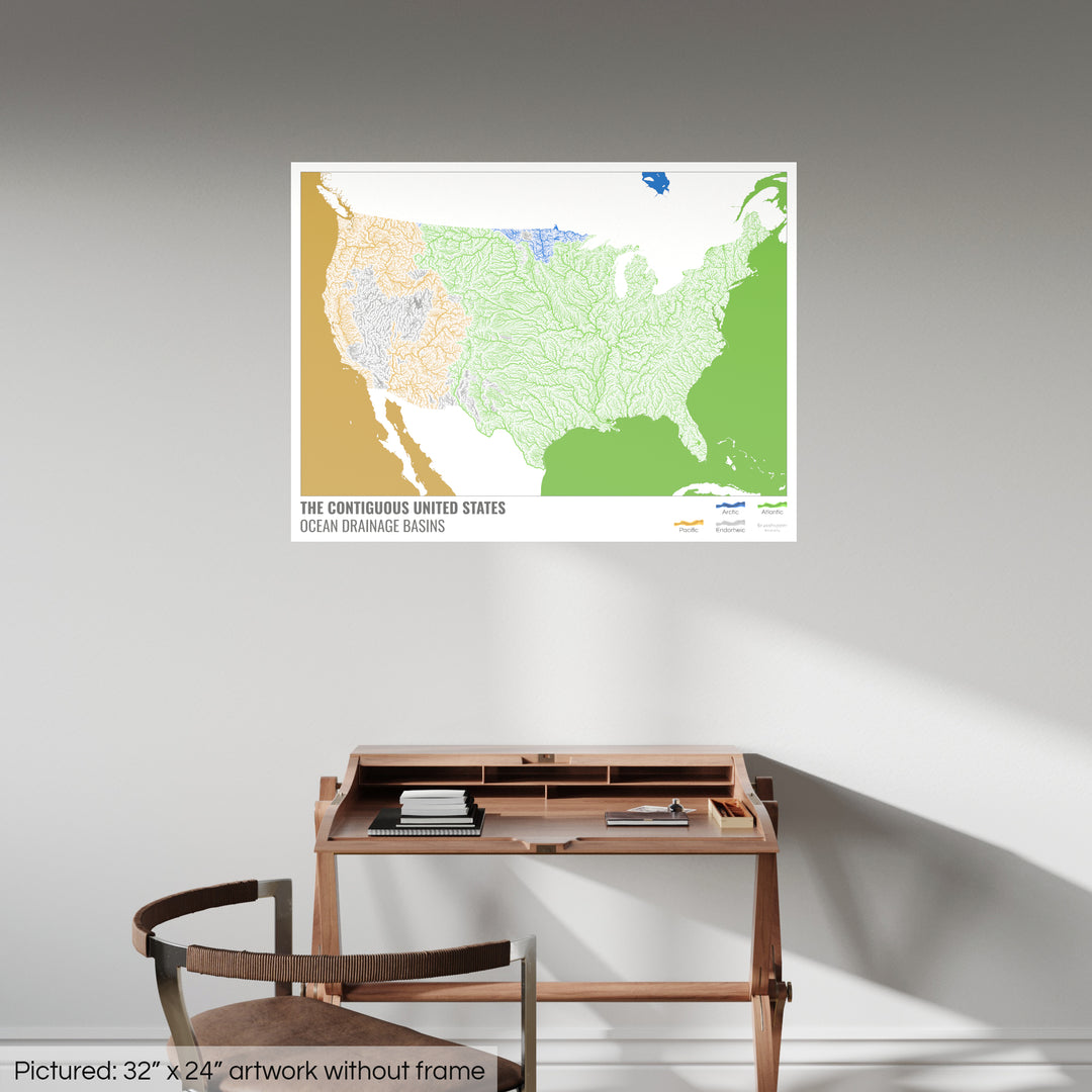 The United States - Ocean drainage basin map, white with legend v2 - Fine Art Print