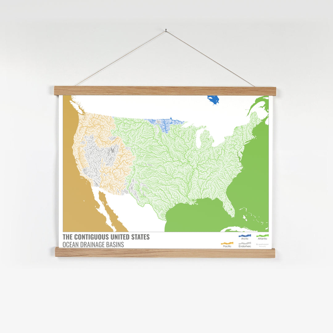 Estados Unidos - Mapa de la cuenca hidrográfica del océano, blanco con leyenda v2 - Impresión artística con colgador