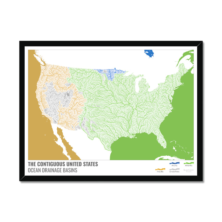 The United States - Ocean drainage basin map, white with legend v2 - Framed Print