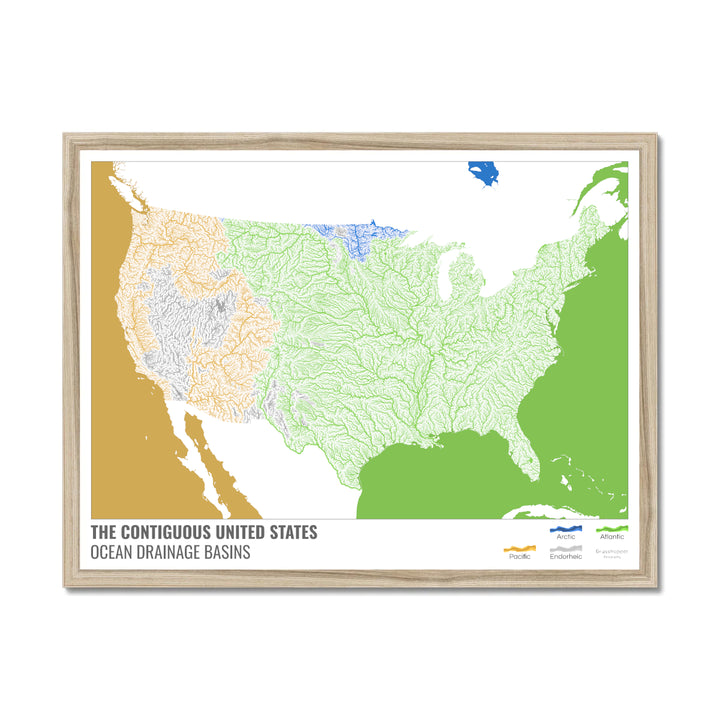 The United States - Ocean drainage basin map, white with legend v2 - Framed Print