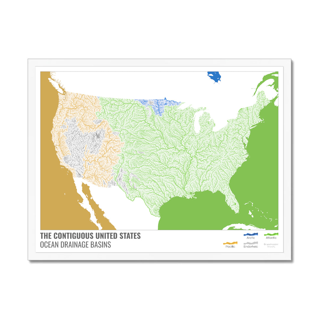 The United States - Ocean drainage basin map, white with legend v2 - Framed Print