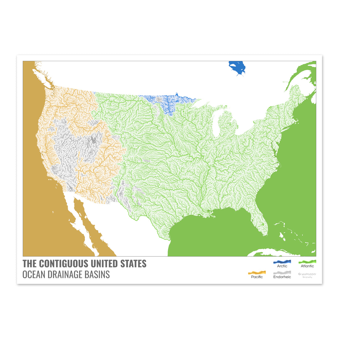 The United States - Ocean drainage basin map, white with legend v2 - Photo Art Print