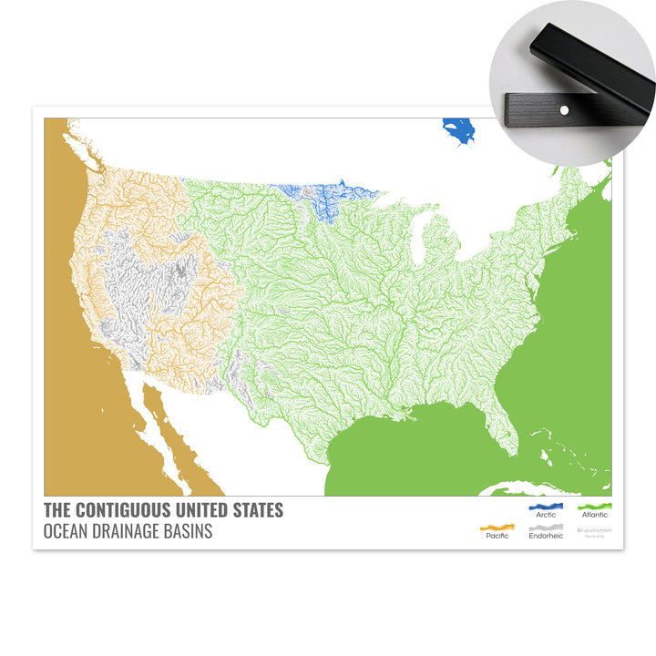 Estados Unidos - Mapa de la cuenca hidrográfica del océano, blanco con leyenda v2 - Impresión artística con colgador