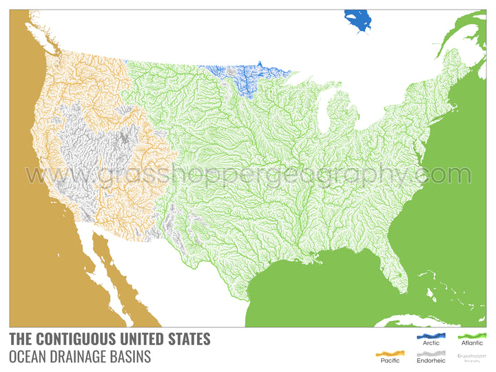 The United States - Ocean drainage basin map, white with legend v2 - Photo Art Print