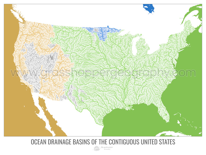 アメリカ合衆国 - 海洋排水流域地図、白 v2 - 写真アートプリント