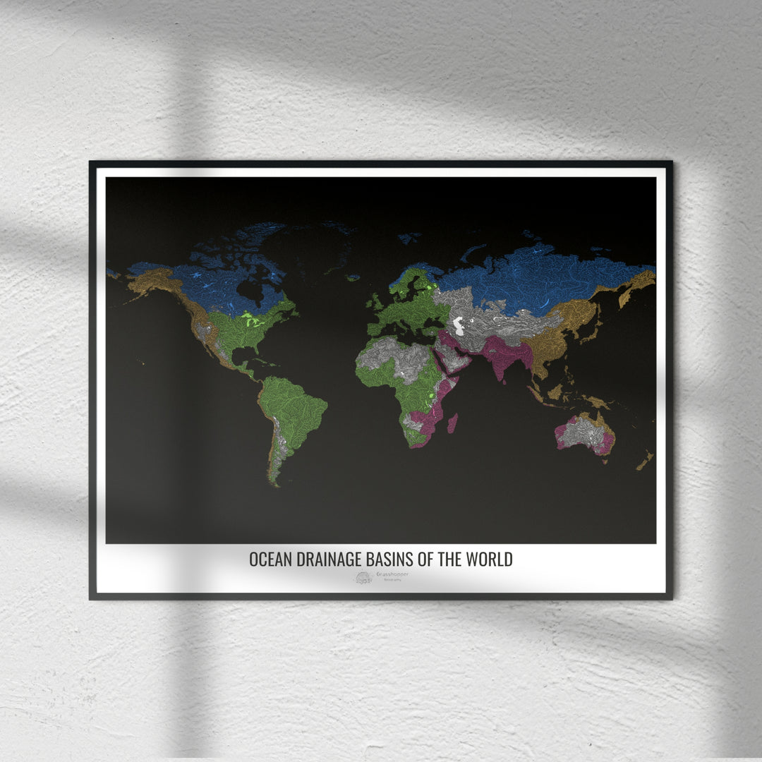 O mundo - Mapa da bacia de drenagem oceânica, preto v1 - Impressão de belas artes