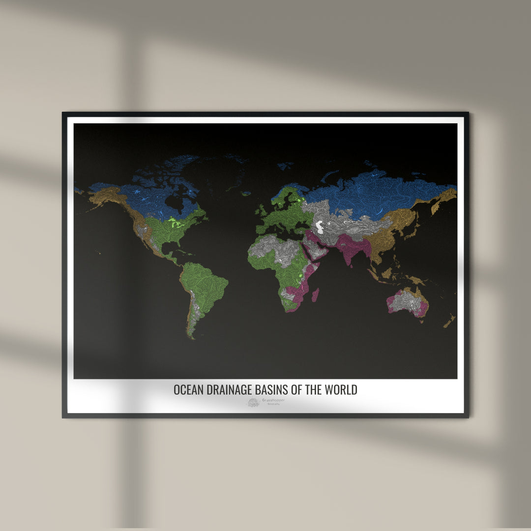 The world - Ocean drainage basin map, black v1 - Photo Art Print