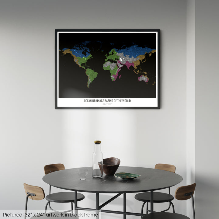 The world - Ocean drainage basin map, black v1 - Framed Print