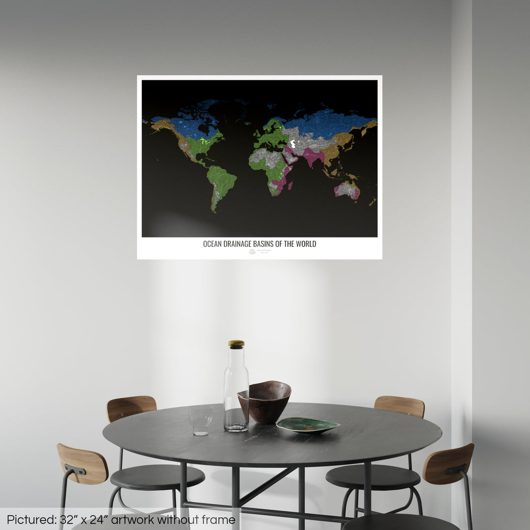 Le monde - Carte des bassins hydrographiques océaniques, noir v1 - Fine Art Print