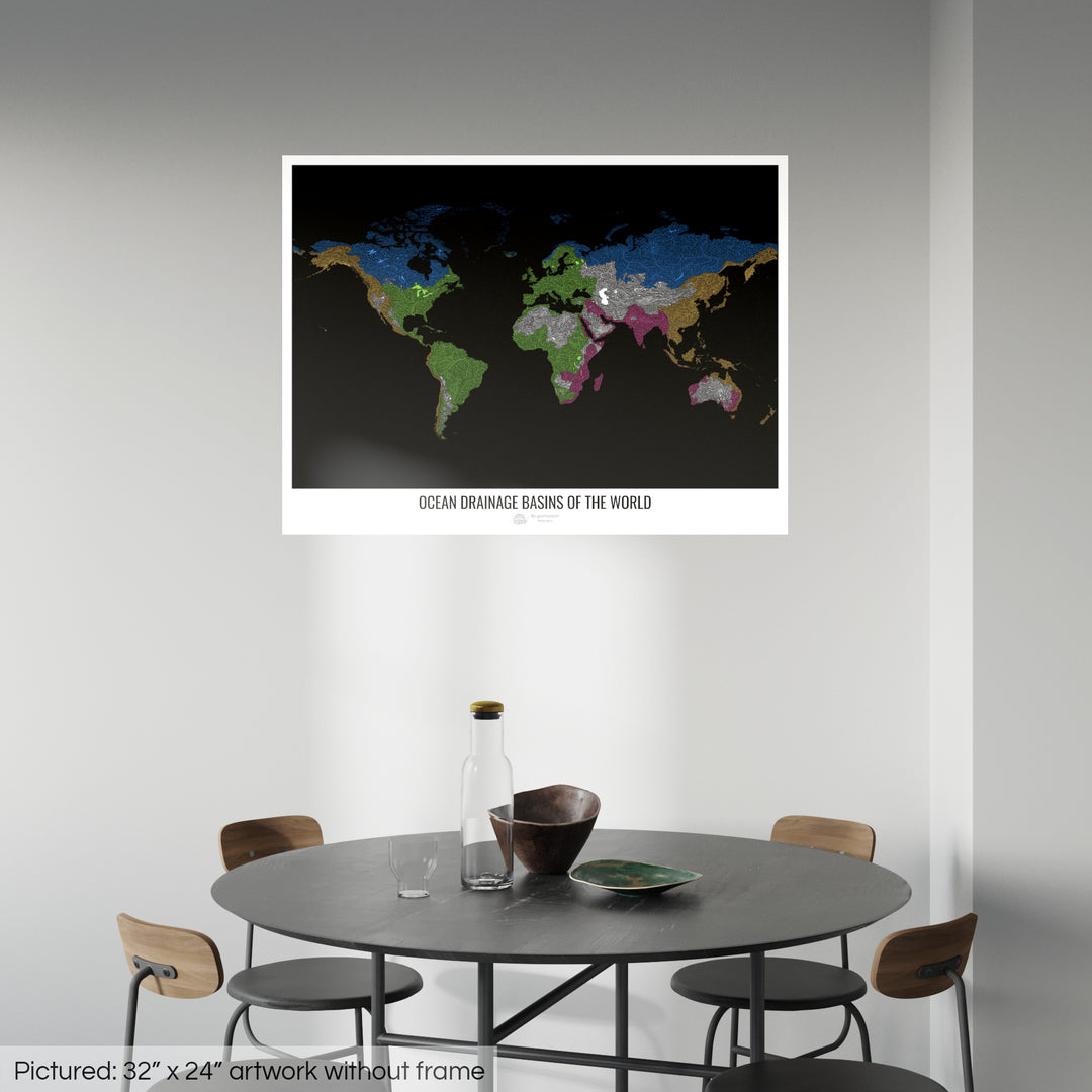 O mundo - Mapa da bacia de drenagem oceânica, preto v1 - Impressão de belas artes