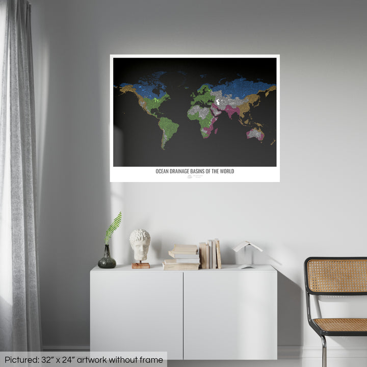 Le monde - Carte des bassins hydrographiques océaniques, noir v1 - Tirage photo artistique