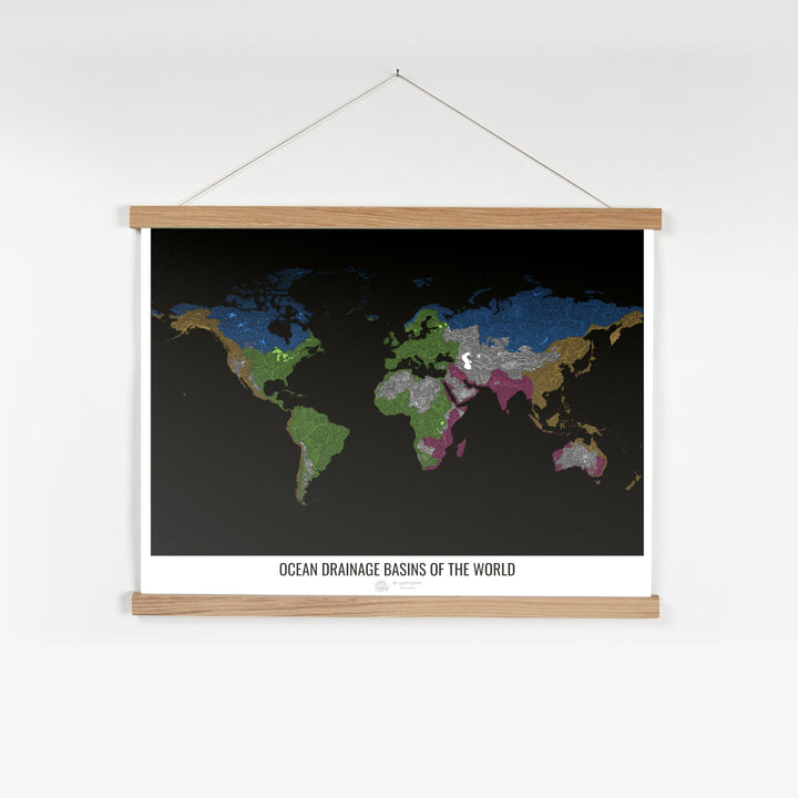 El mundo - Mapa de la cuenca hidrográfica del océano, negro v1 - Impresión artística con colgador