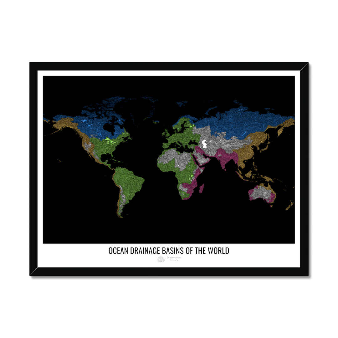Le monde - Carte des bassins versants océaniques, noir v1 - Impression encadrée