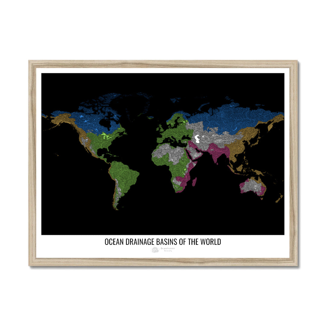 The world - Ocean drainage basin map, black v1 - Framed Print