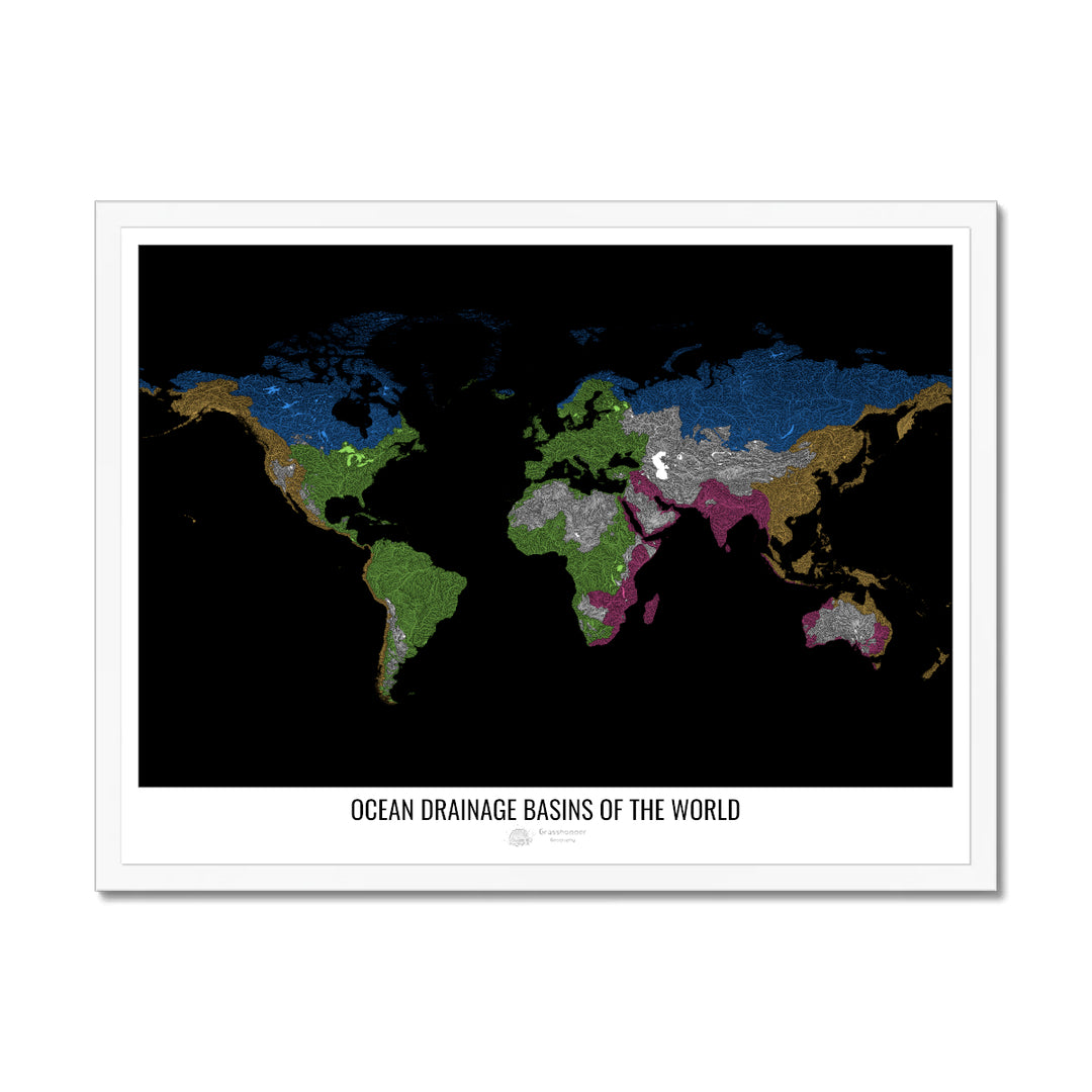 The world - Ocean drainage basin map, black v1 - Framed Print
