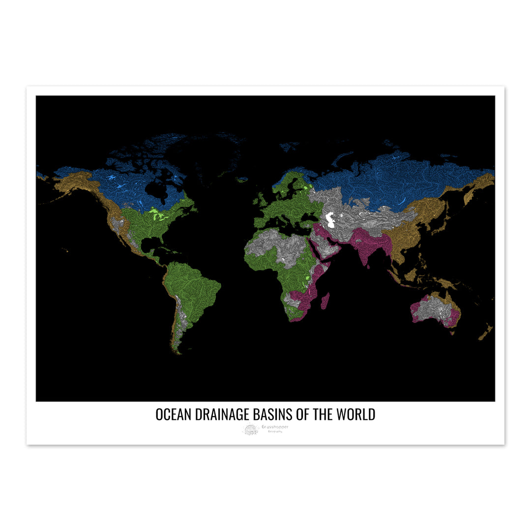 El mundo - Mapa de la cuenca hidrográfica del océano, negro v1 - Impresión de bellas artes