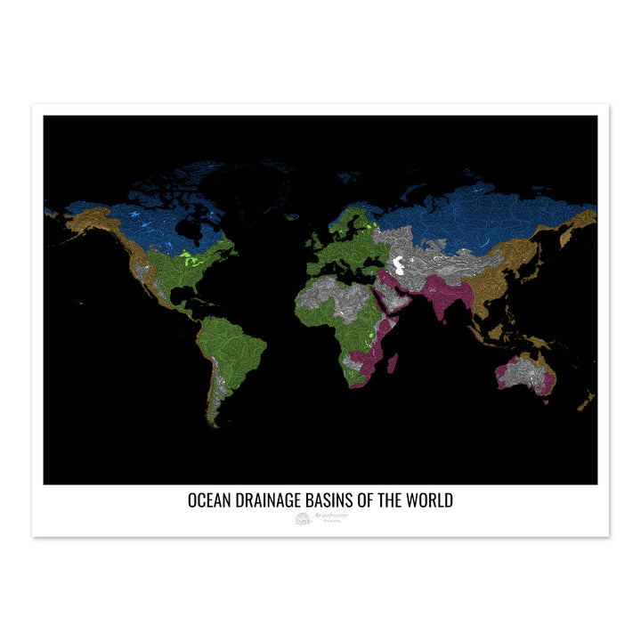 O mundo - Mapa da bacia de drenagem oceânica, preto v1 - Impressão de belas artes