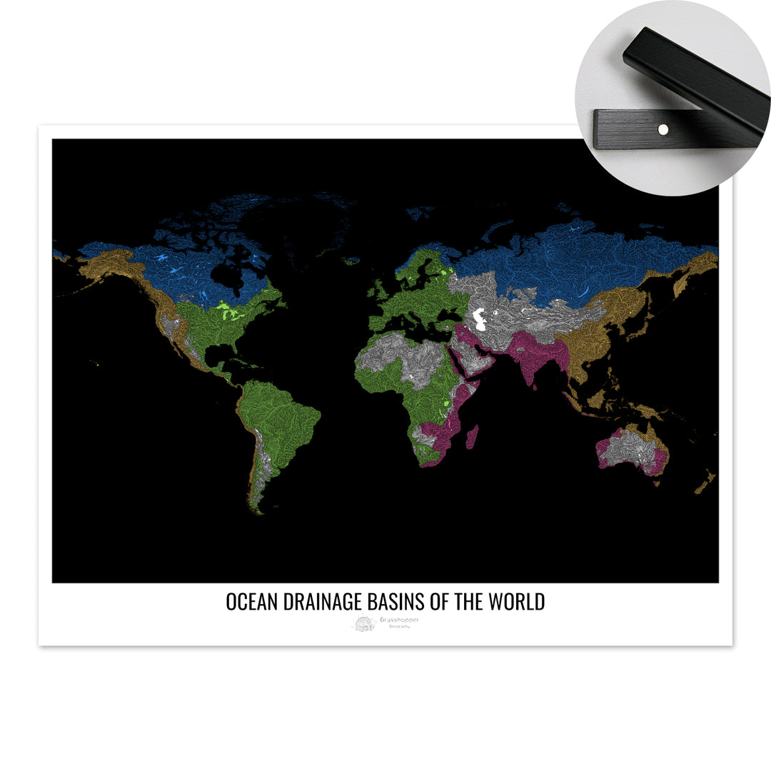 Le monde - Carte des bassins versants océaniques, noir v1 - Tirage d'art avec cintre