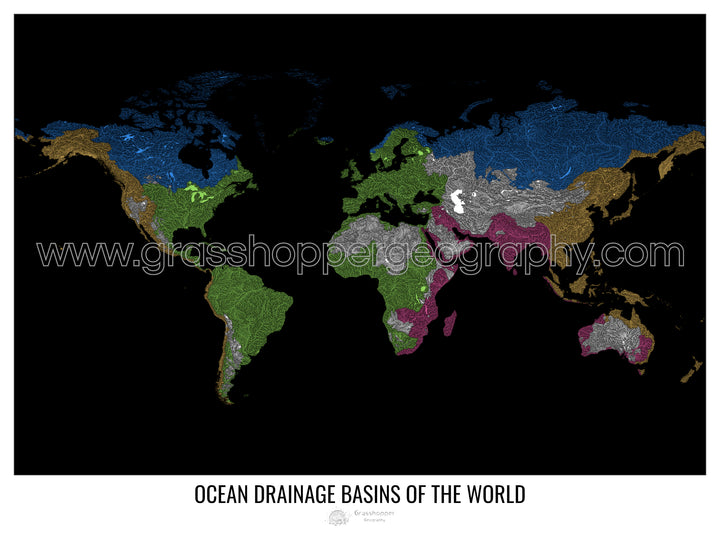 El mundo - Mapa de la cuenca hidrográfica del océano, negro v1 - Impresión de bellas artes