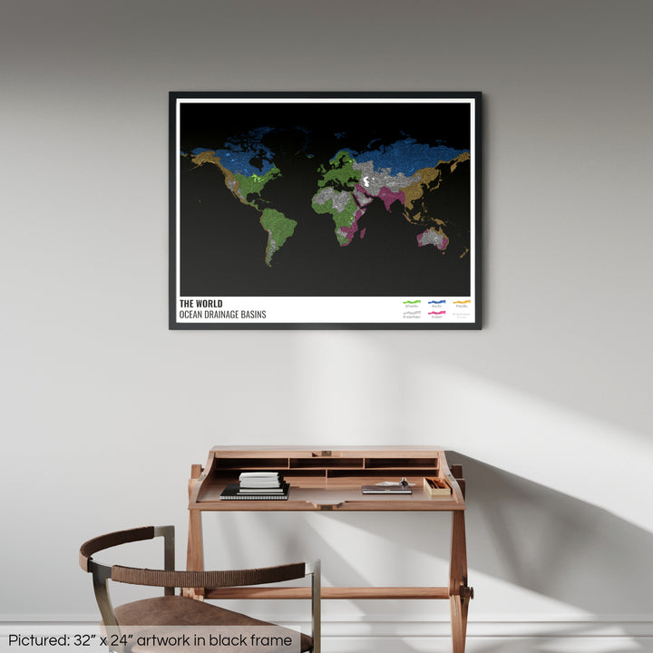 The world - Ocean drainage basin map, black with legend v1 - Framed Print