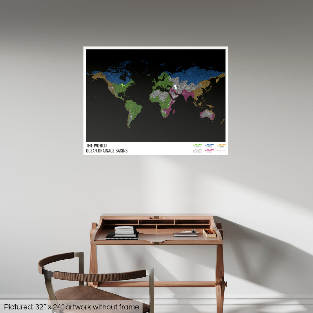 Le monde - Carte des bassins versants océaniques, noire avec légende v1 - Photo Art Print