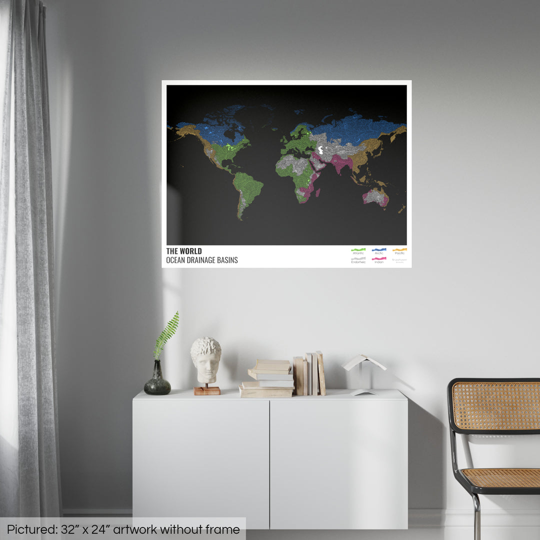 The world - Ocean drainage basin map, black with legend v1 - Fine Art Print