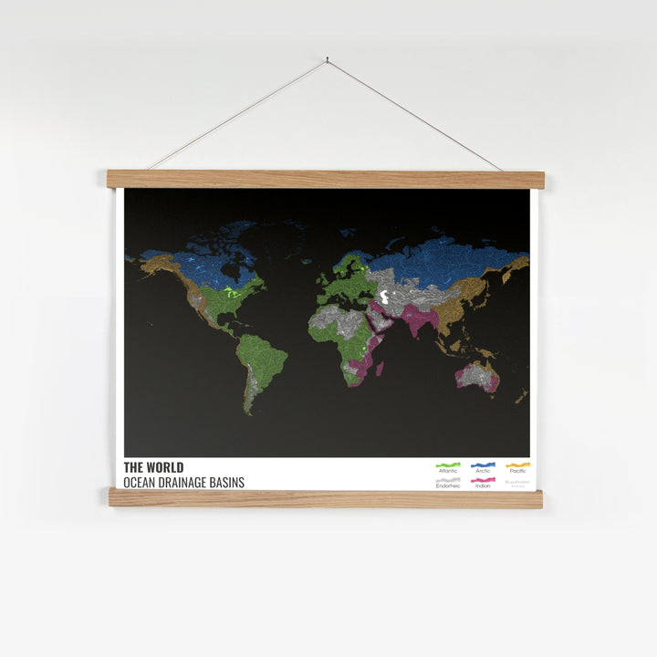Le monde - Carte des bassins versants océaniques, noire avec légende v1 - Tirage d'art avec cintre