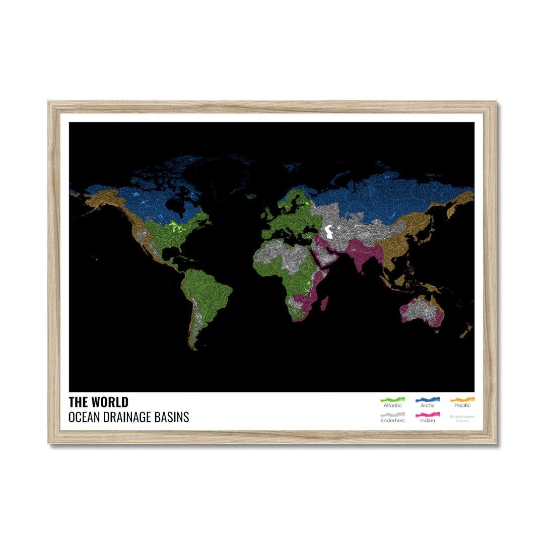 The world - Ocean drainage basin map, black with legend v1 - Framed Print