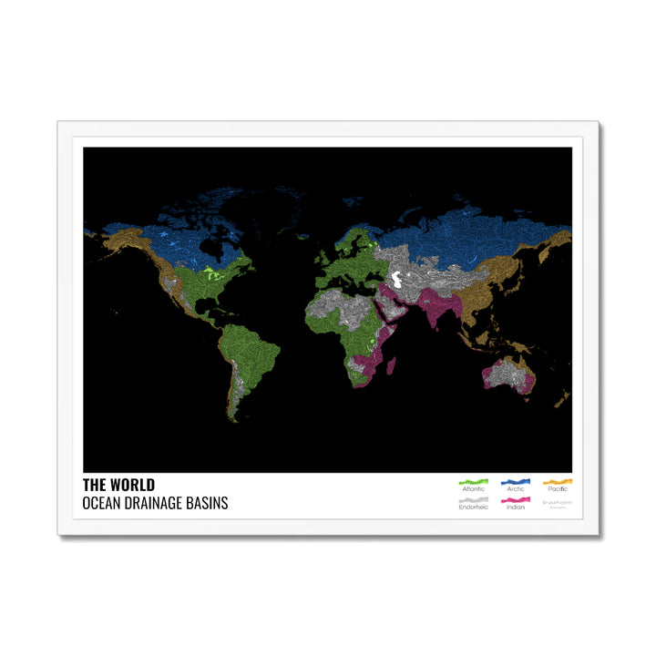 The world - Ocean drainage basin map, black with legend v1 - Framed Print