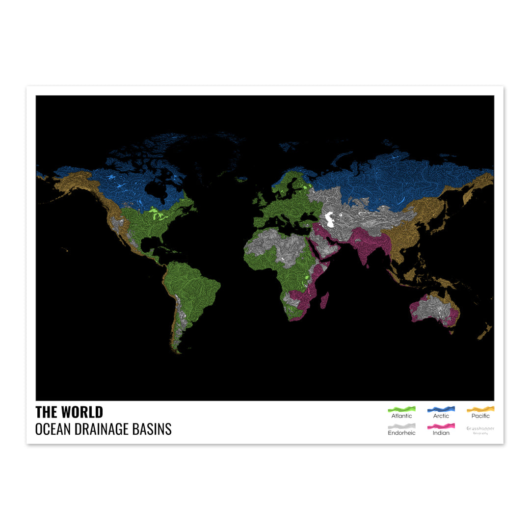 Le monde - Carte des bassins hydrographiques océaniques, noire avec légende v1 - Fine Art Print