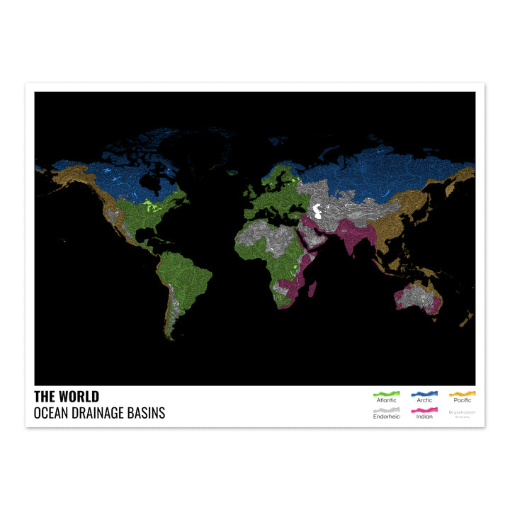 El mundo - Mapa de la cuenca hidrográfica del océano, negro con leyenda v1 - Impresión fotográfica
