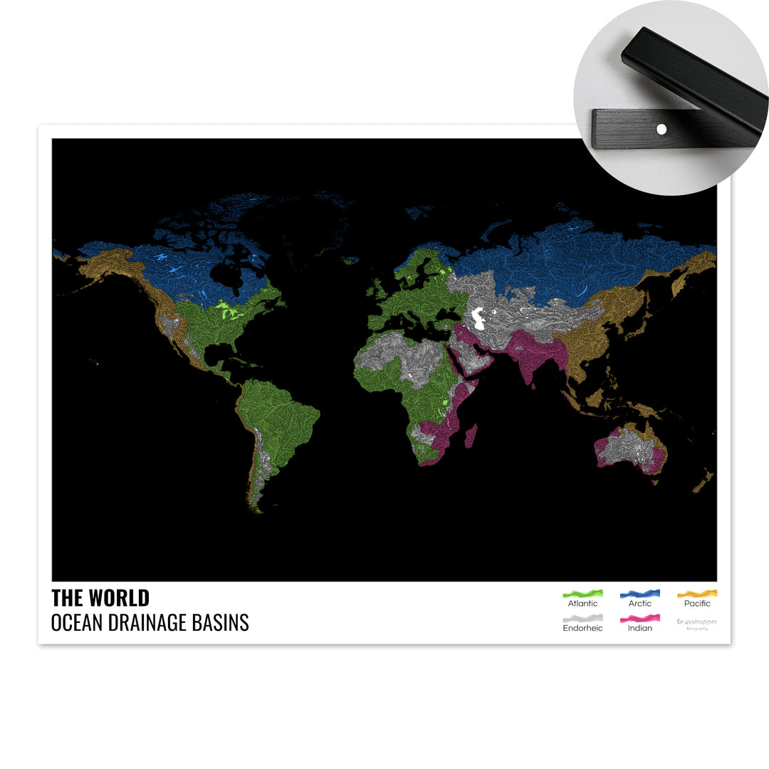 The world - Ocean drainage basin map, black with legend v1 - Fine Art Print with Hanger