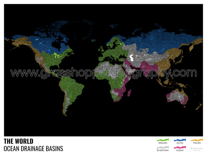 The world - Ocean drainage basin map, black with legend v1 - Fine Art Print