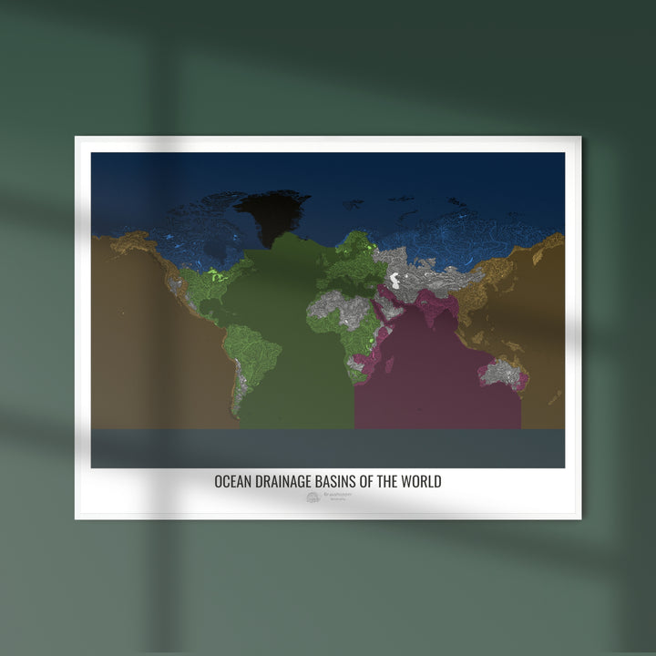 O mundo - Mapa da bacia de drenagem oceânica, preto v2 - Impressão de arte fotográfica