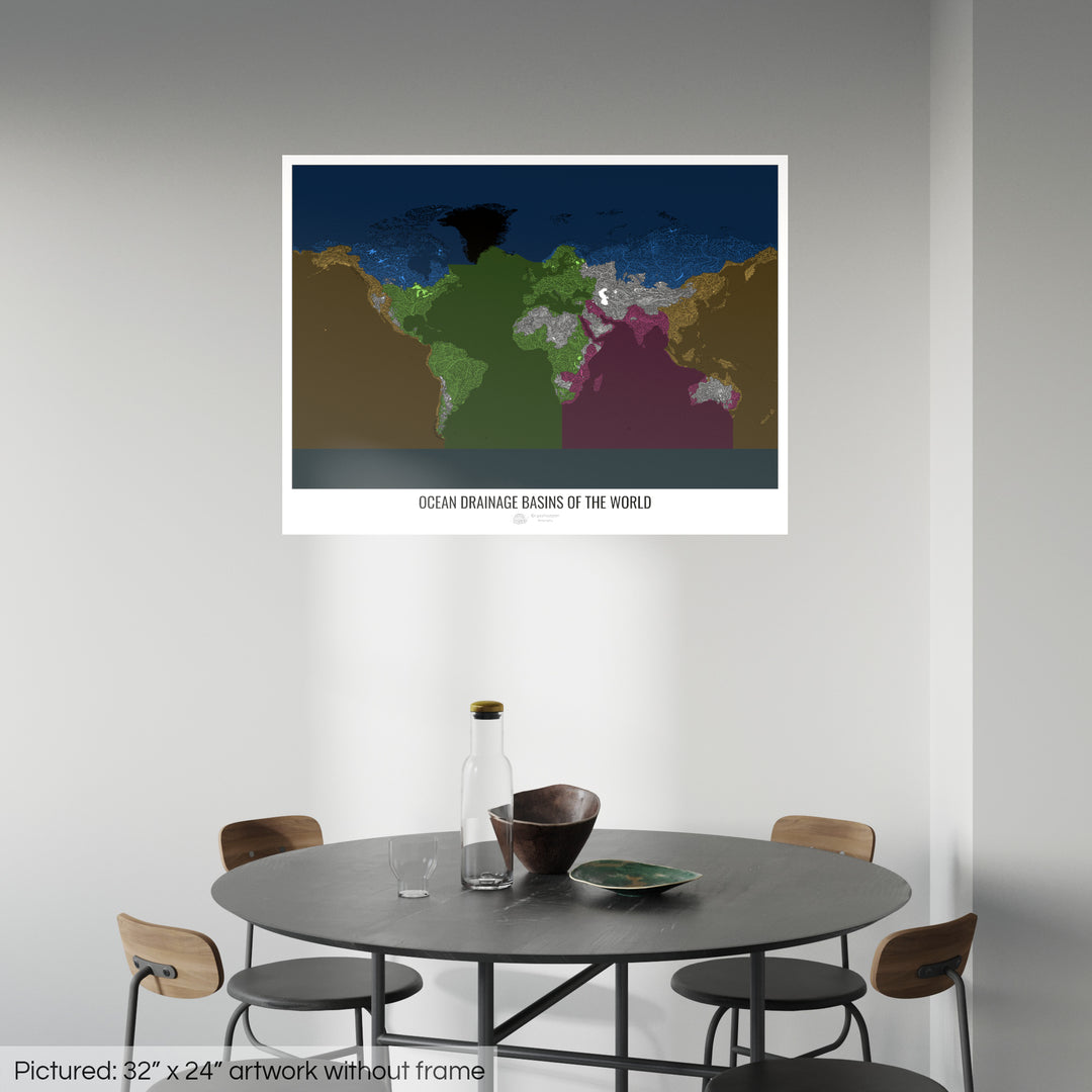 The world - Ocean drainage basin map, black v2 - Photo Art Print