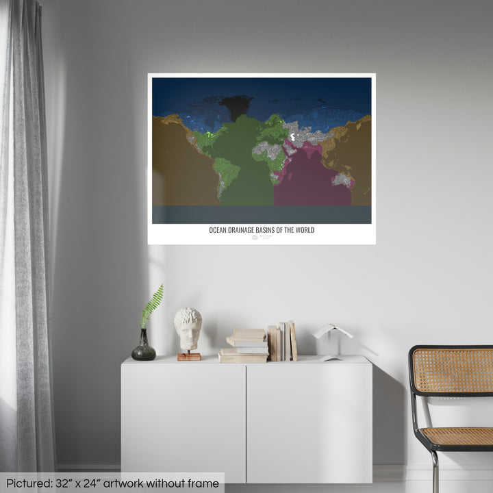 Le monde - Carte des bassins hydrographiques océaniques, noir v2 - Fine Art Print