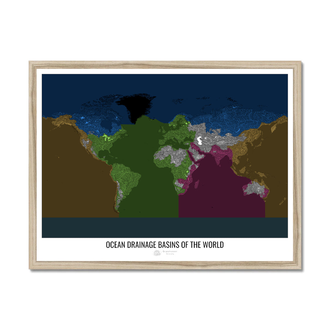 The world - Ocean drainage basin map, black v2 - Framed Print