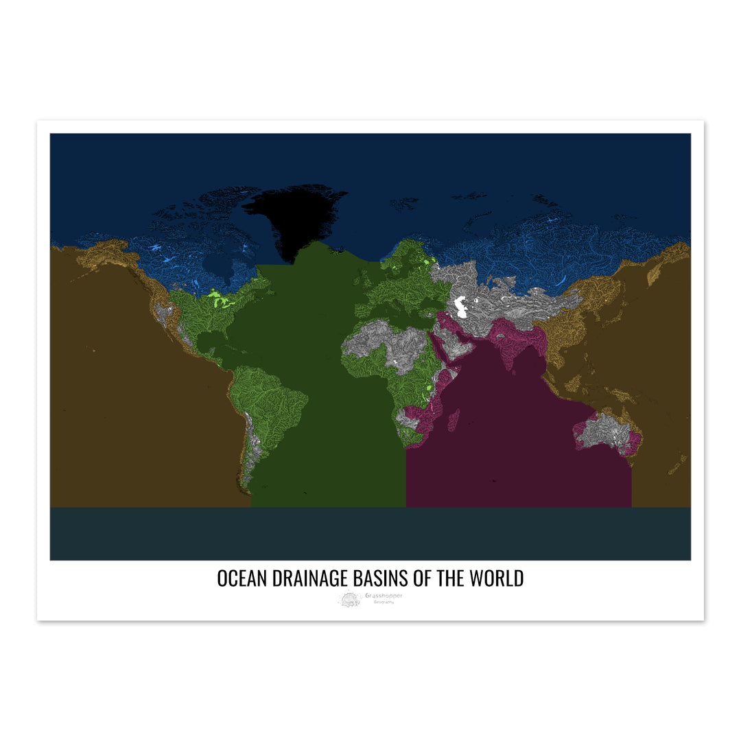 El mundo - Mapa de la cuenca hidrográfica del océano, negro v2 - Impresión de bellas artes